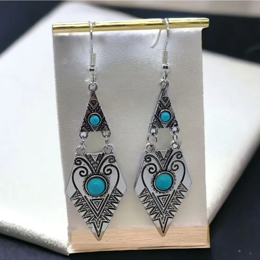 Turquoise Dangle Earrings Western Boho Tribal Silver Statement Drop Festival